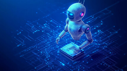 Poster - A 3D vector illustration of an AI robot composed of wireframe polygons and interconnected dots against a technology blue background. Features include an AI chip and chatbot elements on a futuristic 