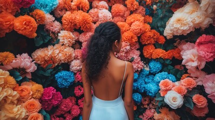 Stunning Woman in Front of Vibrant Floral Wall Perfect for Fashion and Lifestyle Projects