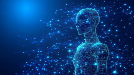Poster - A 3D vector illustration of an AI robot composed of wireframe polygons and interconnected dots against a technology blue background. Features include an AI chip and chatbot elements on a futuristic 