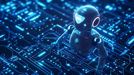 Poster - A 3D vector illustration of an AI robot composed of wireframe polygons and interconnected dots against a technology blue background. Features include an AI chip and chatbot elements on a futuristic 