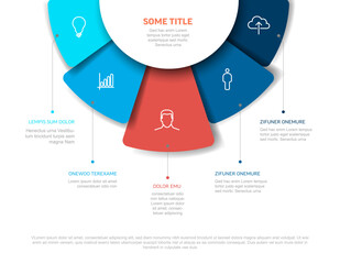 Canvas Print - Vector multipurpose Infographic template with five rounded elements on the top, description and icons on fan blue red colored paper with white center. Simple infograph template