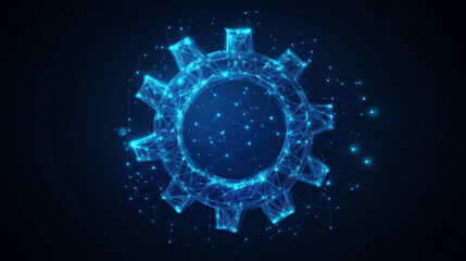 Poster - A gear constructed from polygons. Low poly vector representation in a starry sky or cosmic style. The gear is made up of lines, dots, and shapes. Symbolizes mechanical technology and machine engineeri