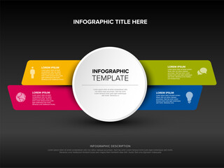 Poster - Multipurpose infographic template with big center and four elements on color stripes all on dark gray background with light shadow