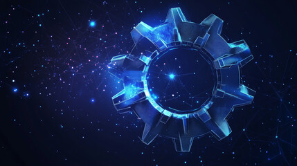 Poster - A gear constructed from polygons. Low poly vector representation in a starry sky or cosmic style. The gear is made up of lines, dots, and shapes. Symbolizes mechanical technology and machine engineeri