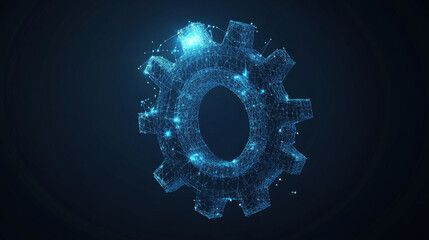 Poster - A gear constructed from polygons. Low poly vector representation in a starry sky or cosmic style. The gear is made up of lines, dots, and shapes. Symbolizes mechanical technology and machine engineeri