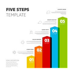 Poster - Five vertical steps progress procedure infochart template with descriptions icons titles and big numbers on semi transparent arrows. Simple inographic describing some process with five steps
