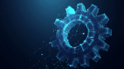 Poster - A gear constructed from polygons. Low poly vector representation in a starry sky or cosmic style. The gear is made up of lines, dots, and shapes. Symbolizes mechanical technology and machine engineeri