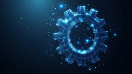 Poster - A gear constructed from polygons. Low poly vector representation in a starry sky or cosmic style. The gear is made up of lines, dots, and shapes. Symbolizes mechanical technology and machine engineeri