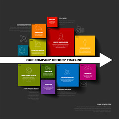 Poster - Vector Minimalist colorful mosaic Infographic timeline report template with square blocks around big white time direction arrow. Colorful time line infochart with eight elements