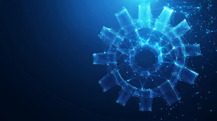 Poster - A gear constructed from polygons. Low poly vector representation in a starry sky or cosmic style. The gear is made up of lines, dots, and shapes. Symbolizes mechanical technology and machine engineeri