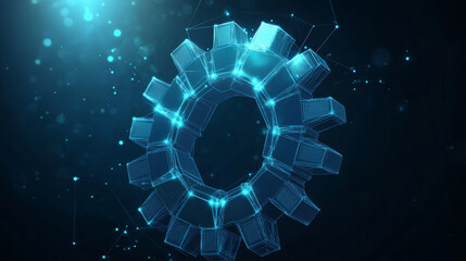 Poster - A gear constructed from polygons. Low poly vector representation in a starry sky or cosmic style. The gear is made up of lines, dots, and shapes. Symbolizes mechanical technology and machine engineeri