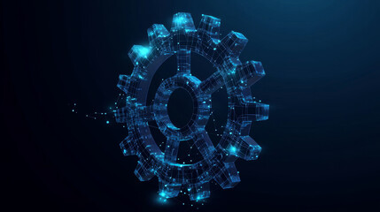 Poster - A gear constructed from polygons. Low poly vector representation in a starry sky or cosmic style. The gear is made up of lines, dots, and shapes. Symbolizes mechanical technology and machine engineeri