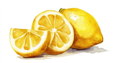 Poster - Freshly cut lemons on a white background showcasing vibrant color and juicy texture with slices arranged attractively