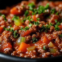 Wall Mural - Macro Shot of Minced Meat and Diced Vegetables in Bolognese Sauce