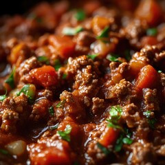 Wall Mural - Macro Shot of Minced Meat and Diced Vegetables in Bolognese Sauce