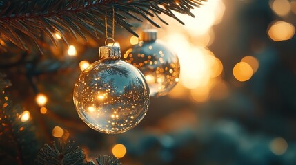 Close-up of delicate glass Christmas ornaments hanging on a fir tree branch, reflecting the soft glow of fairy lights. 4K hyperrealistic photo.