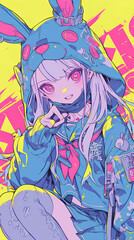 Poster - cute anime girl costume animal style cyberpunk school uniform psychedelic color vertical background