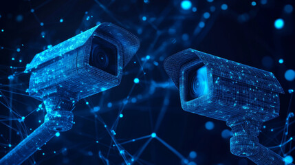 Poster - abstract 3d illustration of two cctv security cameras in blue. represents concepts of surveillance t