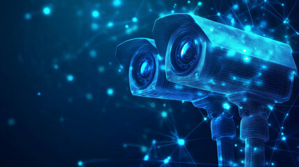 Poster - abstract 3d illustration of two cctv security cameras in blue. represents concepts of surveillance t