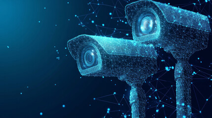 Poster - abstract 3d illustration of two cctv security cameras in blue. represents concepts of surveillance t