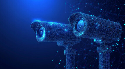 Poster - abstract 3d illustration of two cctv security cameras in blue. represents concepts of surveillance t