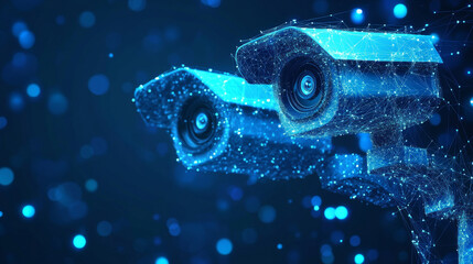 Poster - abstract 3d illustration of two cctv security cameras in blue. represents concepts of surveillance t