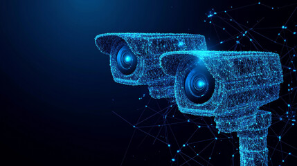 Poster - abstract 3d illustration of two cctv security cameras in blue. represents concepts of surveillance t