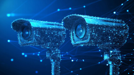 Poster - abstract 3d illustration of two cctv security cameras in blue. represents concepts of surveillance t