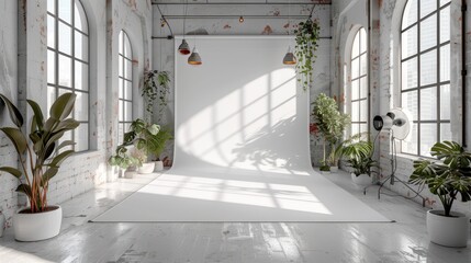 Canvas Print - A bright and airy studio with large windows showcasing plants, natural light, and a minimalist backdrop. Generative AI