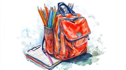 Aufkleber - Colorful orange backpack filled with pencils and a sketchbook on a white background