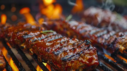 A tantalizing close-up shot of barbecue ribs coated in a thick, rich glazing sauce cooking over an open flame on a grill, steaming hot and ready to be served.