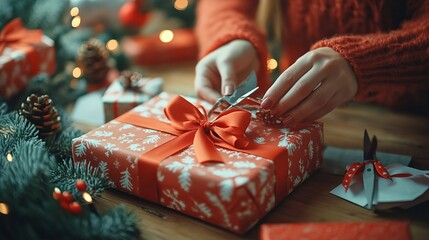 Wrapping Christmas presents in colorful paper with matching bows, with gift tags and scissors close at hand. 4K hyperrealistic photo.