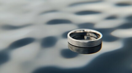 A silver wedding band resting on a reflective surface, symbolizing love and commitment