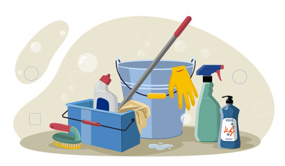 Surface cleaning equipment. Bucket with yellow rubber gloves, detergents and brushes. Cleanliness and hygiene. Cleanser and mop. Flat vector illustration isolated on white background