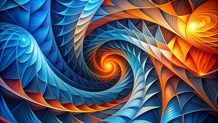 Vibrant, abstract geometric shapes in shades of blue and orange swirl together in a mesmerizing dance, evoking a