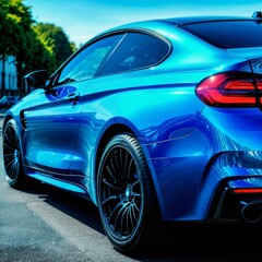 Sleek and stylish blue sports car parked on the street with a close-up view of its elegant curves and black alloy wheels. Capturing the essence of modern automotive design.