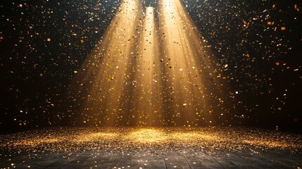 Wall Mural - golden confetti rain on festive stage with light beam in the middle, empty room at night mockup with