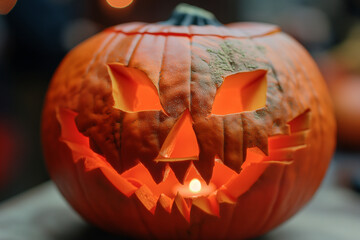 Wall Mural - A classic Halloween pumpkin head Jack-o'-lantern prominently displayed, carved with a mischievous grin and triangular eyes that glow with an inner, flickering light from a lit candle inside