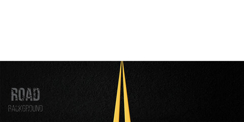 Asphalt background with perspective view. Textured black road with two yellow straight lines. Top view of highway with yellow markup. Street, traffic, direction, navigation, racing. Realistic vector.