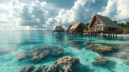 Wall Mural - Tropical island with thatched-roof huts on stilts over the water, surrounded by turquoise lagoons and coral reefs. 4K hyperrealistic photo.