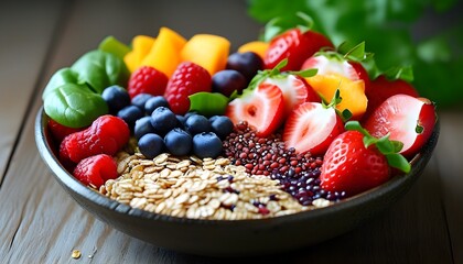 Wall Mural - Vibrant Bowl of Nutritious Foods Promoting Heart Health with Fresh Fruits, Vegetables, and Whole Grains Enhanced by AI Creativity