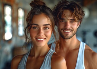 Two young adults smiling in a bright gym, showcasing their fitness journey during a sunny afternoon workout session