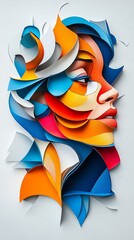 Poster - Abstract colorful paper art of a female face profile, featuring blue, orange, yellow, and red layered shapes on white background.