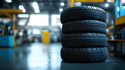 Wall Mural - Bright car tires stacked in an auto service center, focusing on detailed tread patterns and glossy surfaces within a clean workshop environment for automotive photography.