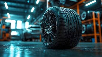 Wall Mural - Bright car tires stacked in an auto service center, focusing on detailed tread patterns and glossy surfaces within a clean workshop environment for automotive photography.