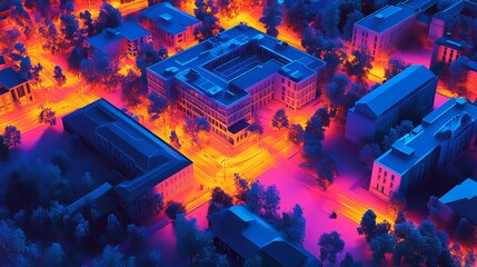 Wall Mural - Heatmap of a university campus, with vibrant colors showing the most populated buildings and cooler tones in the quieter areas. 4K hyperrealistic photo.