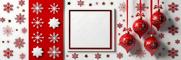 Festive Christmas-themed image with a vibrant red background, white and red snowflakes, stars, and decorative elements. Includes a white frame and hanging ornaments. Perfect for holiday designs.