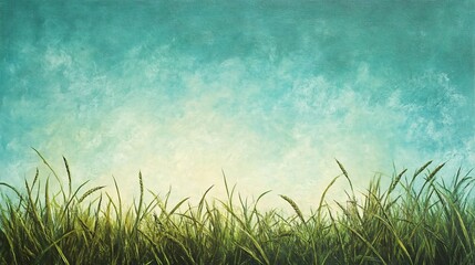 A textured painting of tall green grass against a blue and green sky.