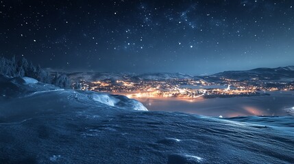 Canvas Print - Snowy hillside with a distant, glowing city under a clear night sky, with the snow-covered ground reflecting the light of the city. 4K hyperrealistic photo.