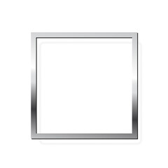 Silver square photo frame on white background. Steel game button. Blank space for picture, painting, card. 3d realistic chrome empty template vector illustration. Simple object mockup.